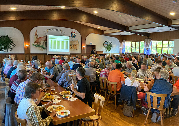 Gesellschafter bei der Versammlung des Bürgerwindparks Gollhofen-Rodheim im Austausch bei Präsentation und gemeinsamer Mahlzeit.