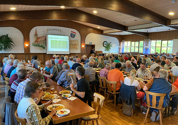 Gesellschafter bei der Versammlung des Bürgerwindparks Gollhofen-Rodheim im Austausch bei Präsentation und gemeinsamer Mahlzeit.